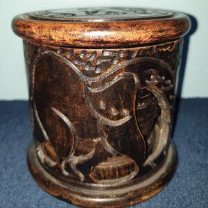 Vintage African Ironwood Elephant Set with 6 Coasters, Holder &Lid